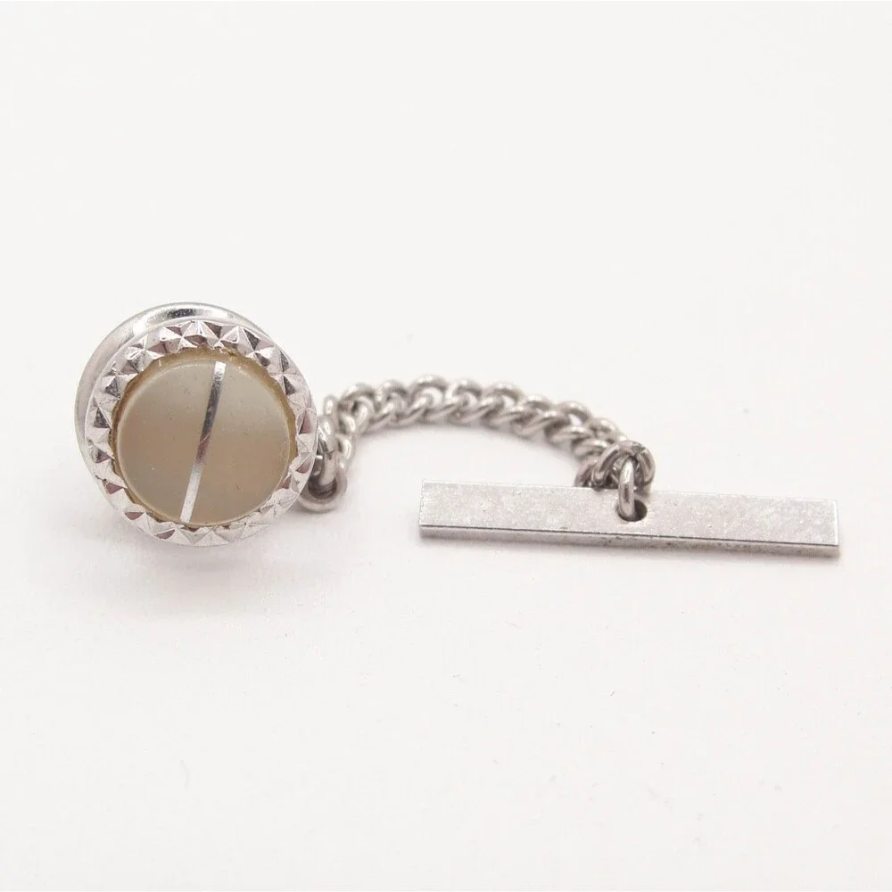 Vintage Silver Tone Faux Cat Eye Moonglow Lucite Tie Tack Pin With Bar Chain